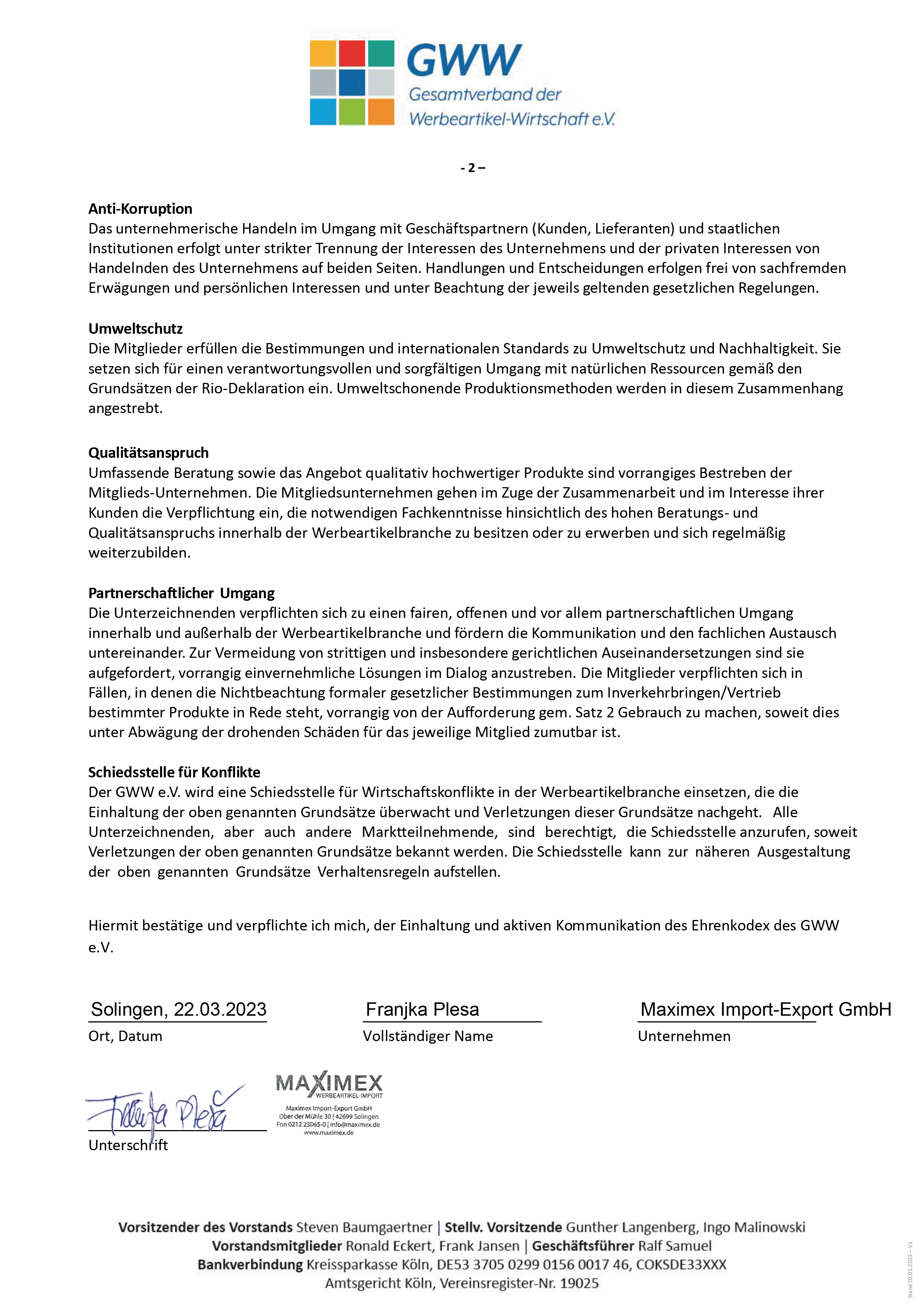 GWW_Ehrenkodex_Maximex_Import-Export_GmbH_Solingen_Seite_2